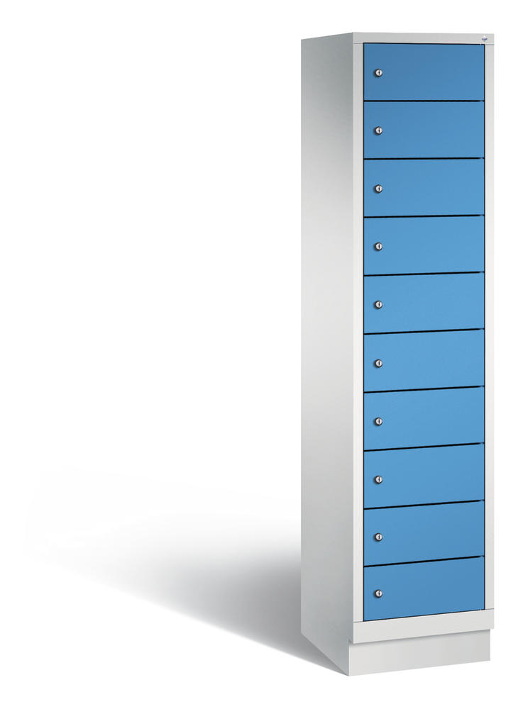 Laptopkast, 1 x 10 vakken | lichtblauw RAL 5012 | zonder elektrificatie | lichtgrijs RAL 7035 | 10