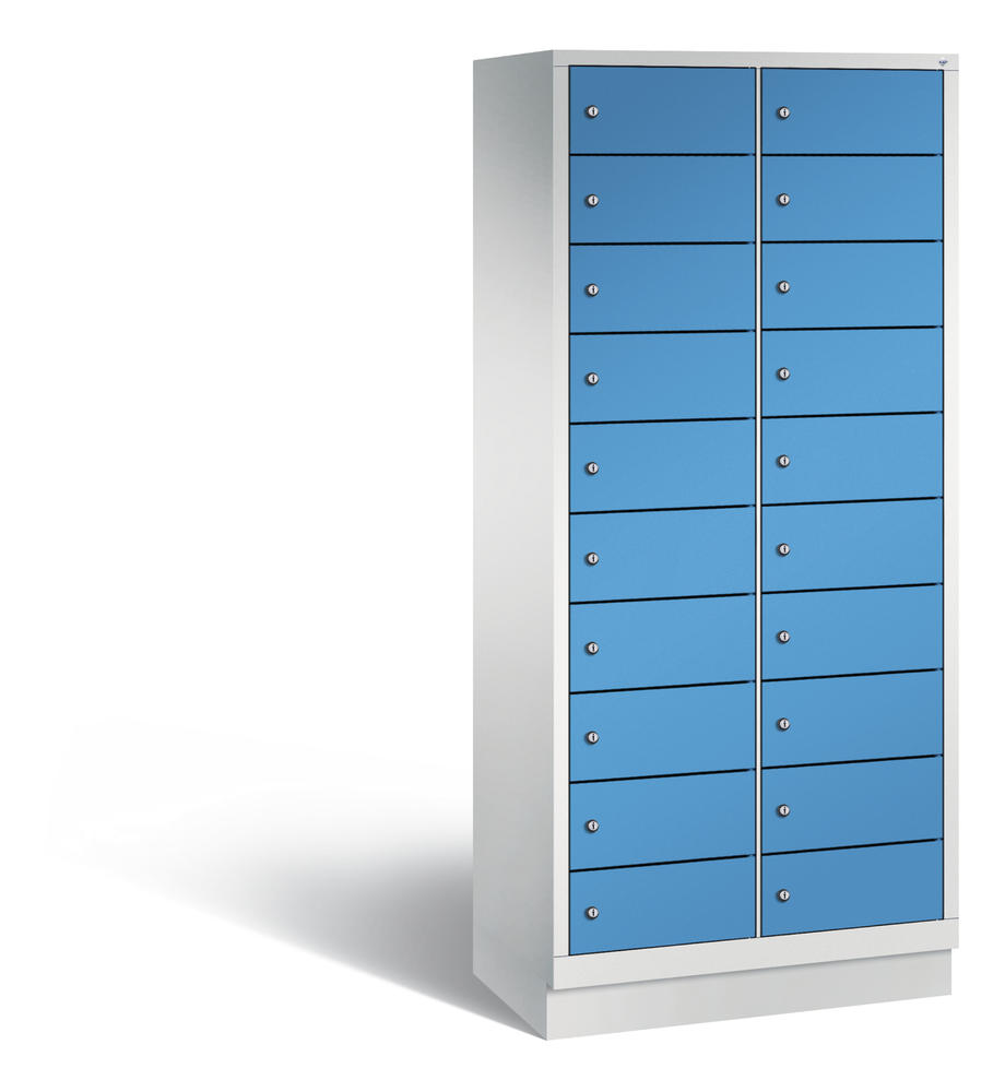 Laptopkast, 2 x 10 vakken | lichtblauw RAL 5012 | zonder elektrificatie | lichtgrijs RAL 7035 | 20
