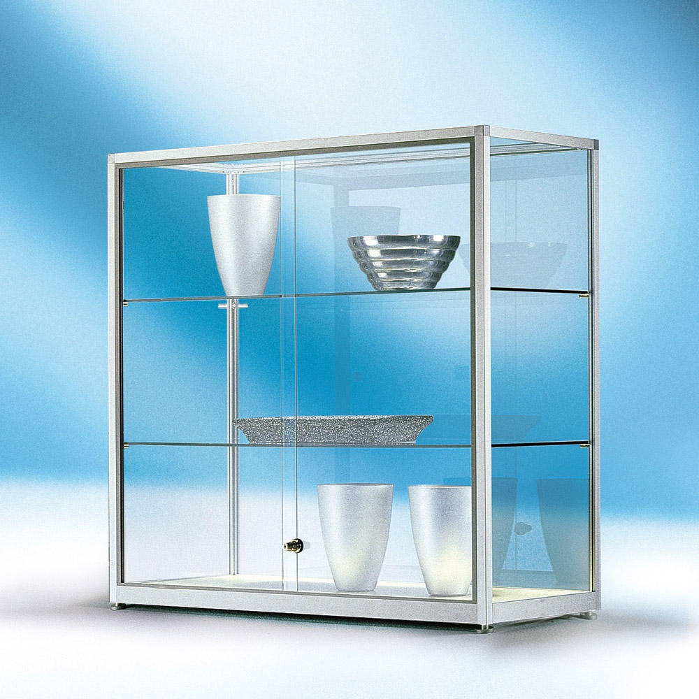 Halfhoge vitrine DESKIN DELUXE | 1500 | halfhoge vitrine, frame hoekig | franco, stoeprand