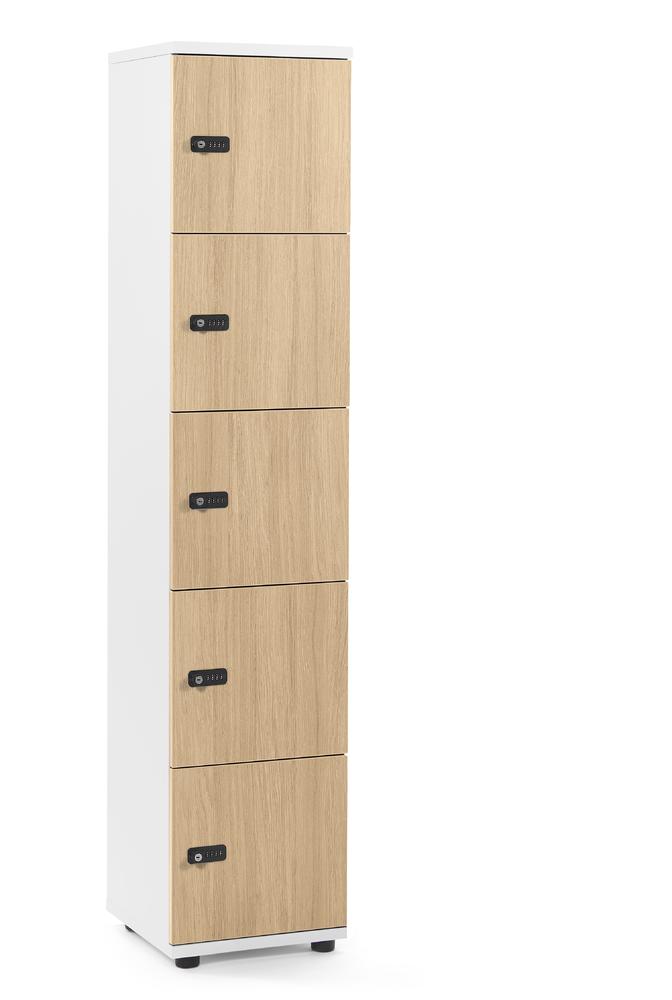 Lockers OFFICE-LINE met 5 vakken | licht eik | zonder postsleuf | wit | mechanisch cijfer-/combinatieslot