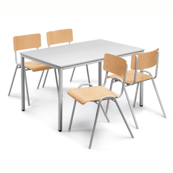 SET: 1 tafel, 4 stapelstoelen hout lichtgrijs | Tafelgroote B 1200 x D 700 mm | aluzilver RAL 9006