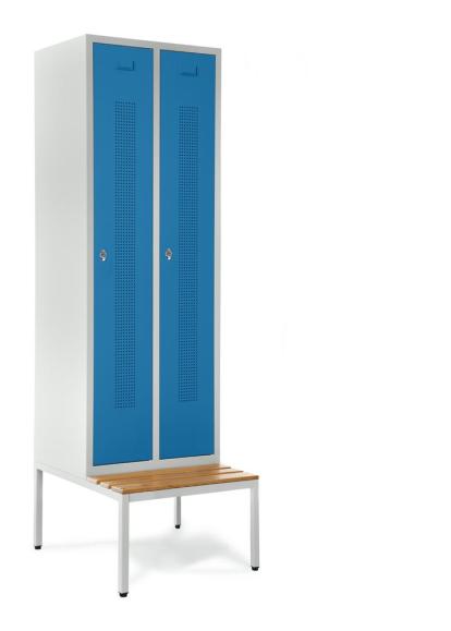 Garderobekast metaal met zitbank lichtblauw RAL 5012 | 300 | 2 | haak- en oogslot | met ondergebouwde zitbank, houten latten