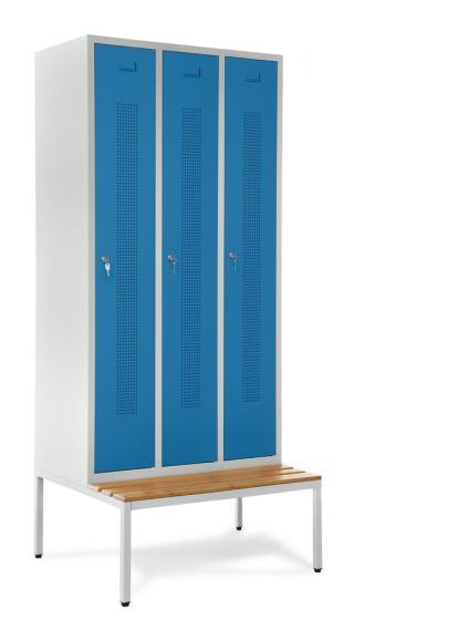 Garderobekast metaal met zitbank lichtblauw RAL 5012 | 300 | 3 | cilinderslot | met ondergebouwde zitbank, houten latten
